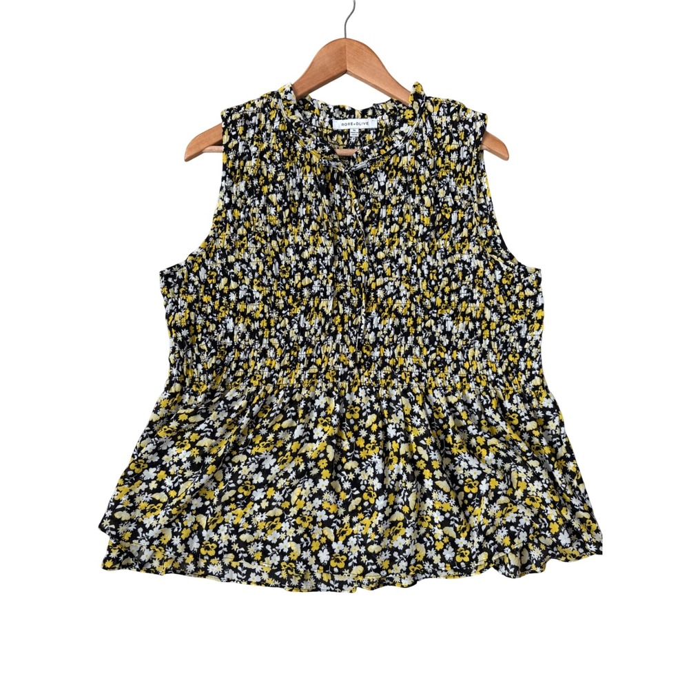 Rose + Olive Whimsigoth XL Floral Smocked Sleeveless Blouse Yellow Black Peplum